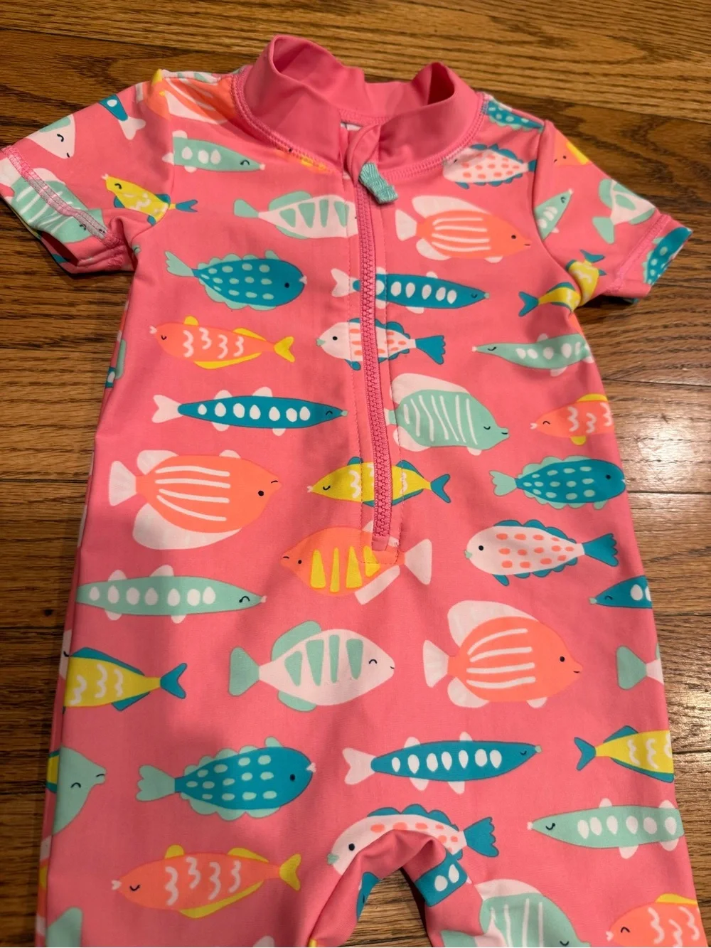 Carters size 6m Girls Pink Fish Print Short Sleeve Swim Romper